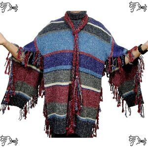 Upcycled Blue Burgundy Stripe Sweater Poncho Handknotted Fringe Crocheted Scarf